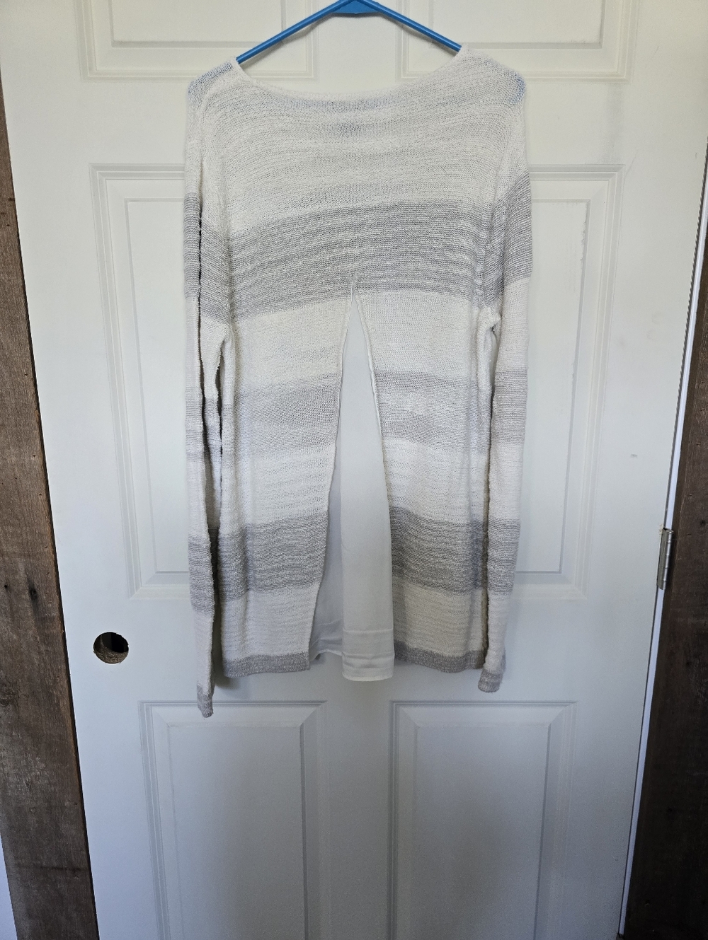 Light Gray and White Striped Open-back Women’s Sweater